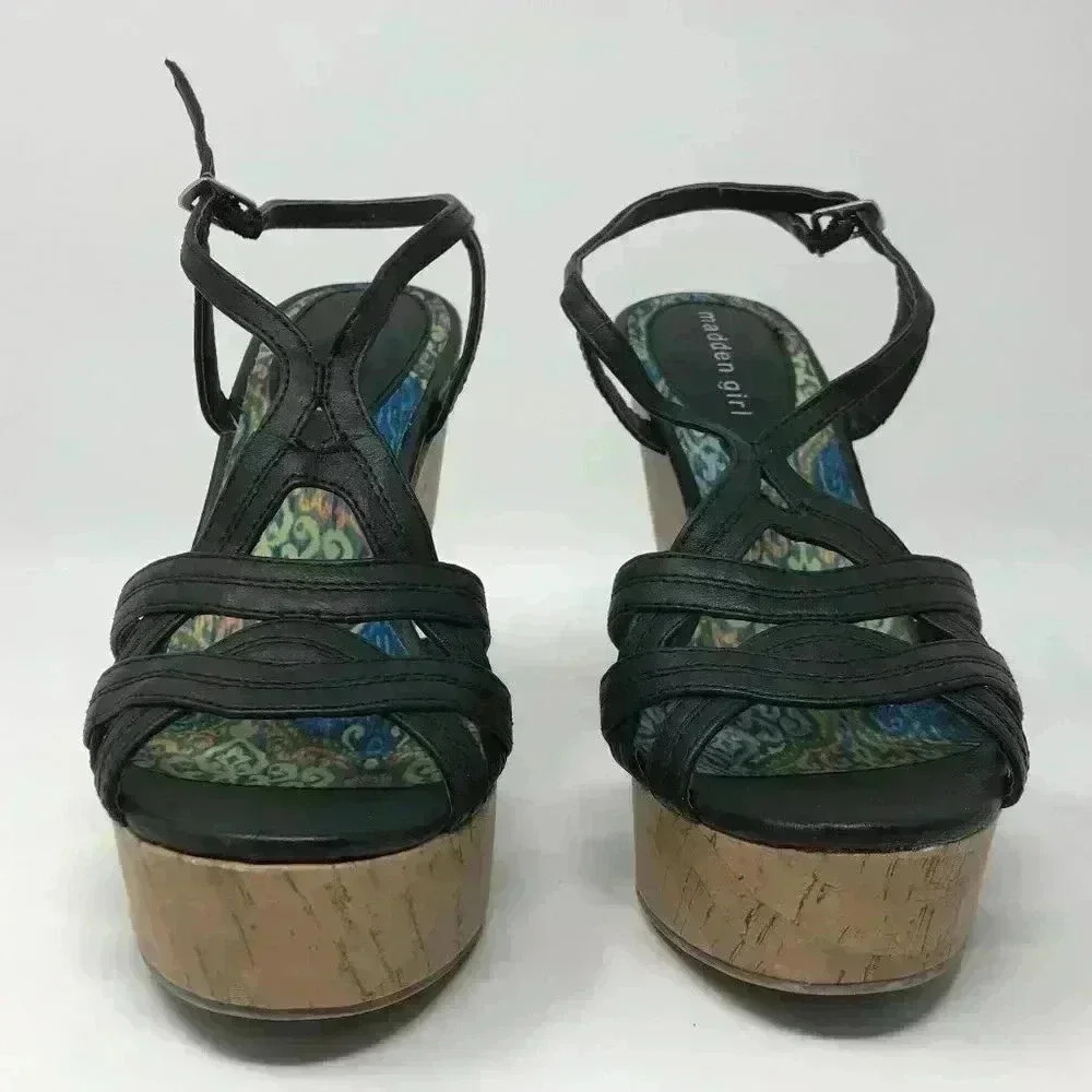 Madden Girl Black Design Buckle Strap Wedge 8 Shoe - Picture 2 of 7